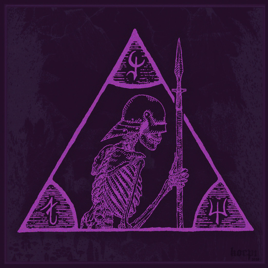 Purple traditional artwork in a woodcut style featuring an armored skeleton outlined by a triangle.
