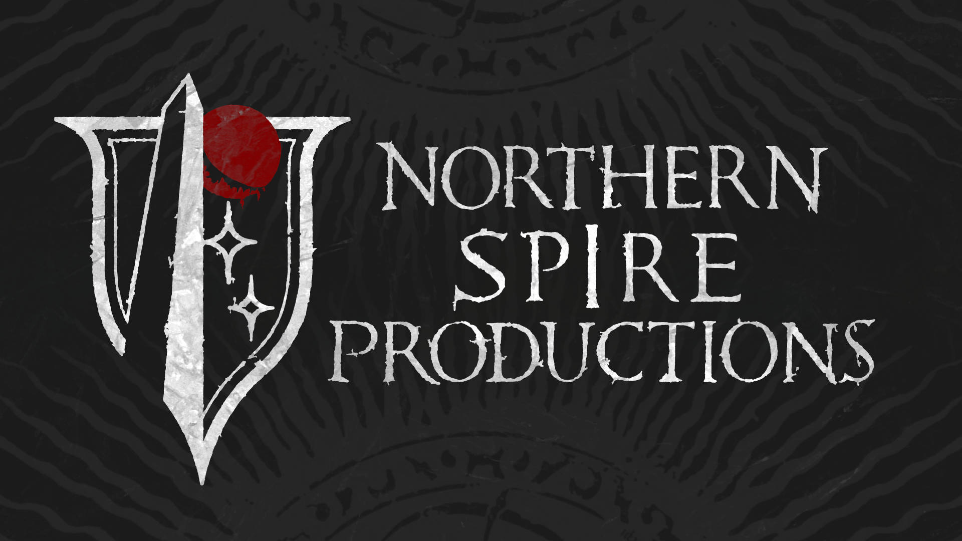 Logo for Northern Spire Productions, featuring a spire over red moon inside a crest; a brand managed by Korpi AKA Blake von Schloss.