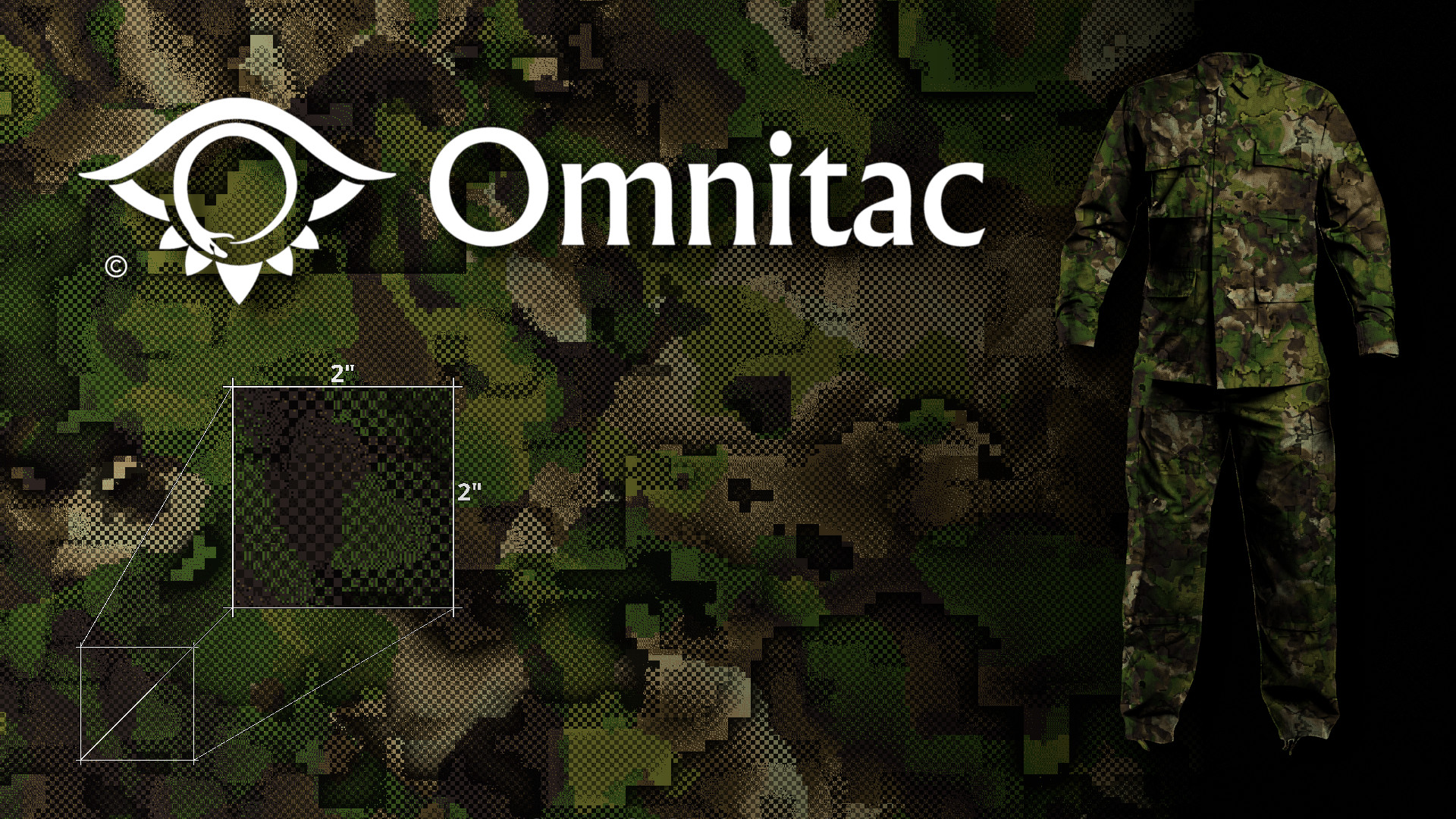 Woodland colored Omnicam camouflage overlaid with the Omnitac logo. Tactical and military inspired.