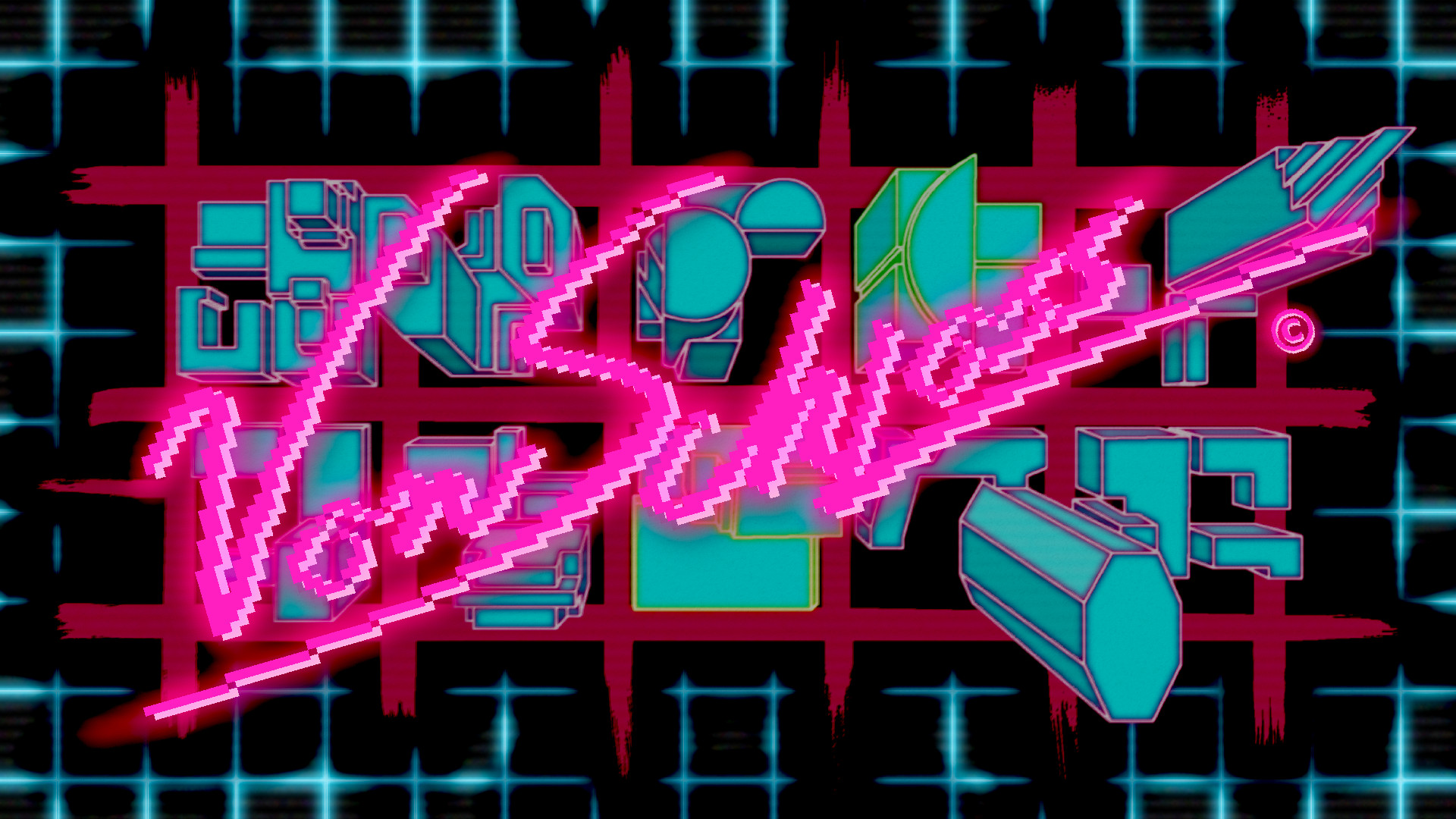 Retrowave styled map with blue neon grid, painted red streets, pink neon buildings, and the pixelized pink Von Schloss logo. It has a cyberpunk, vaporwave, & retrofuturistic aesthetic.