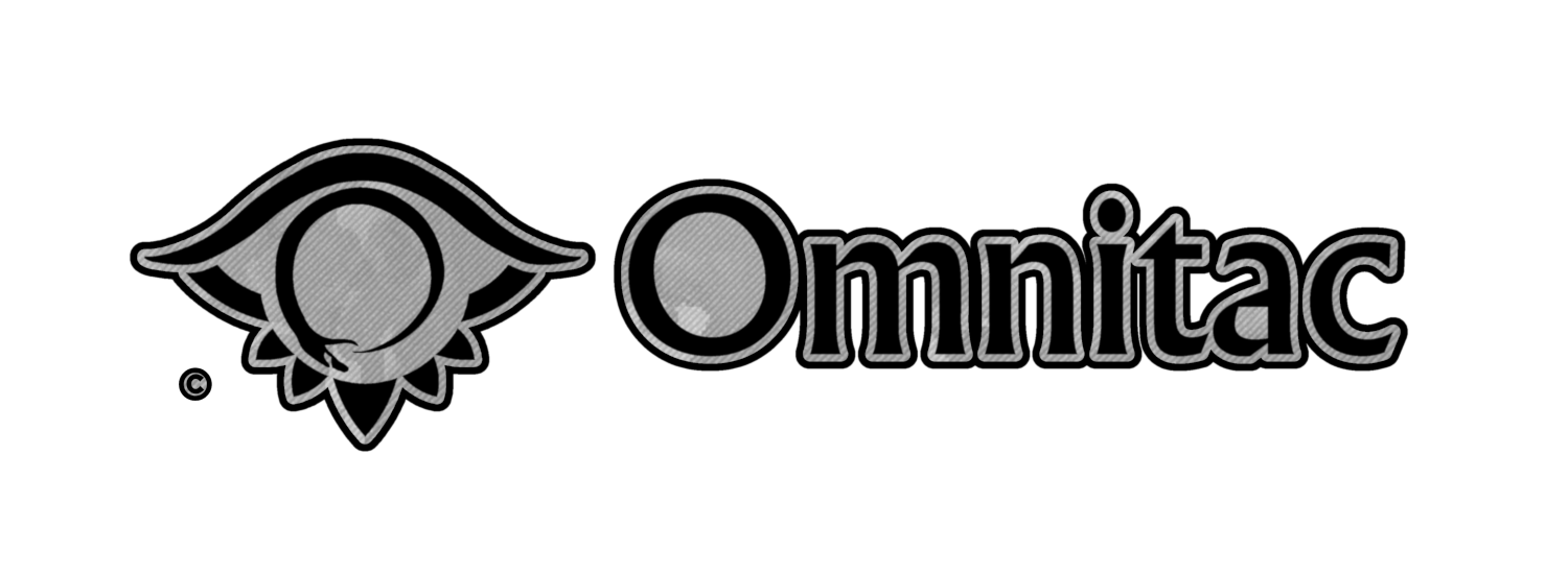 Omnitac brand logo in black with an ouroboros snake inside an eye shape and camouflage background.