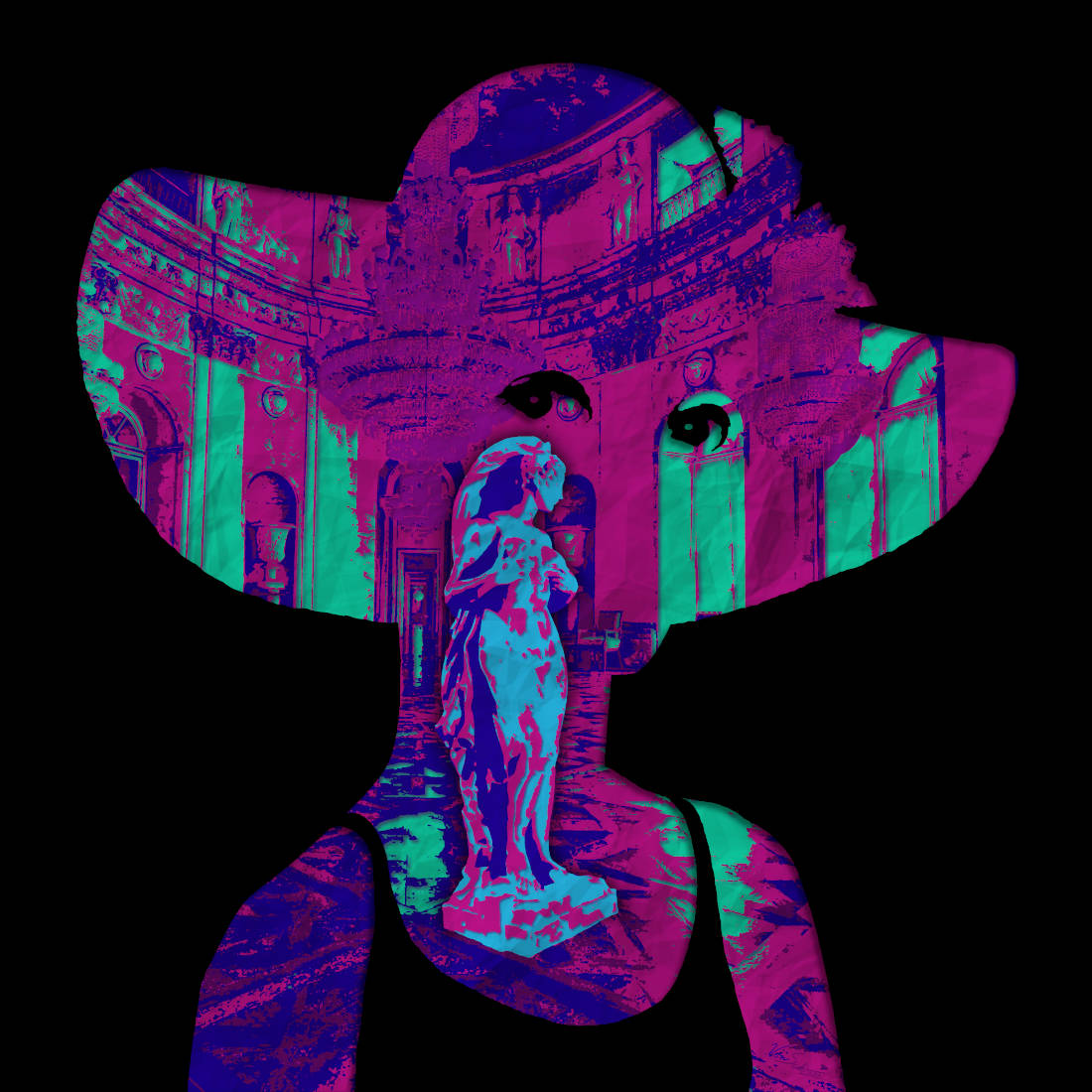 Artwork of a outline of a woman in profile. Inside the outline is a colorful retrowave background with a greek statue.