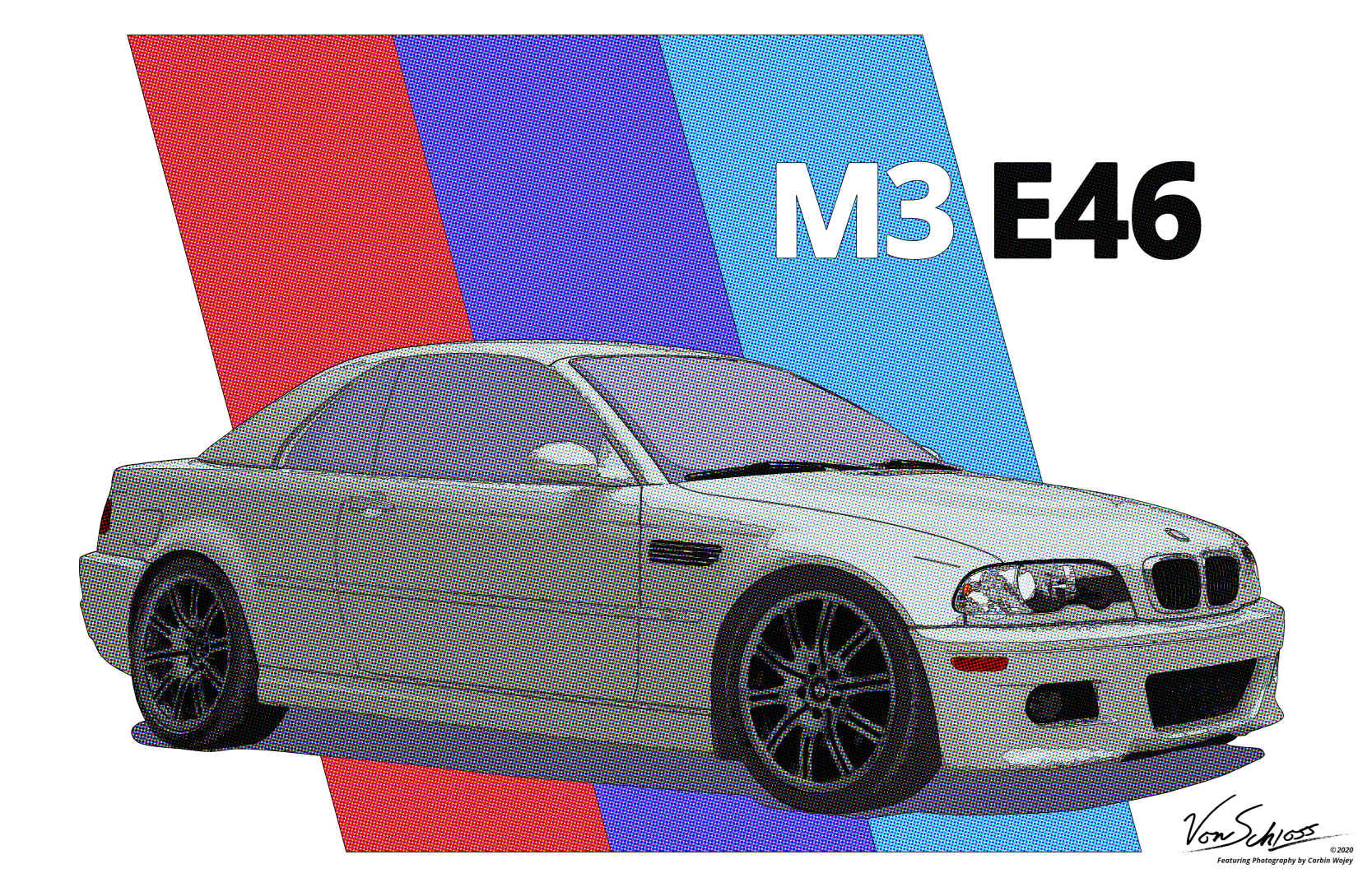 Poster of artwork designed to look like a vintage newspaper advertisement of a BMW M3 E46. Dark outlines and light pastel colors.