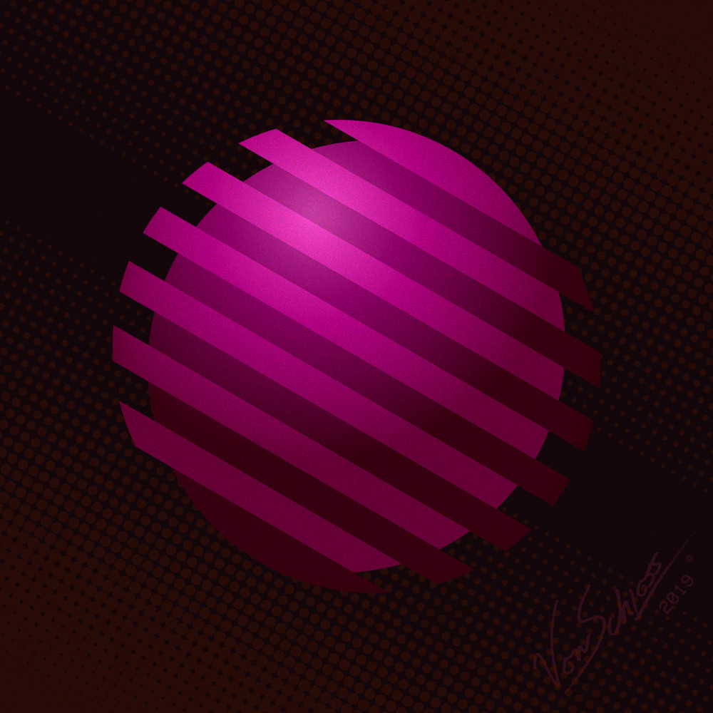 A retro inspired logo design. The graphic is sliced, pink, circle. Background of the art has dots and noise.