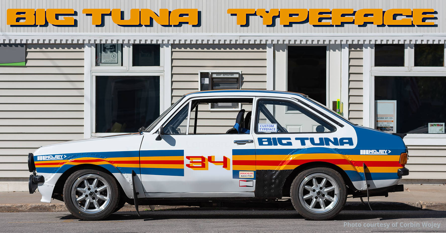 A retro inspired typeface called Big Tuna. The font is shown on the side of a colorfully branded retro race car.