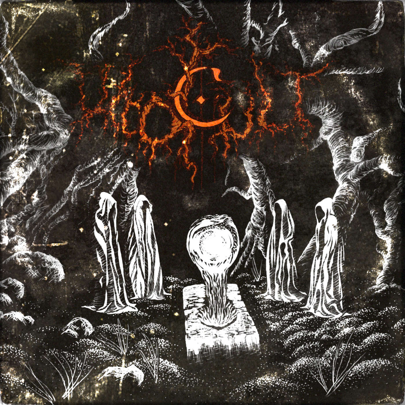 Black metal band Woodcult logo on artwork named Heretics Gathering; both by Korpi.