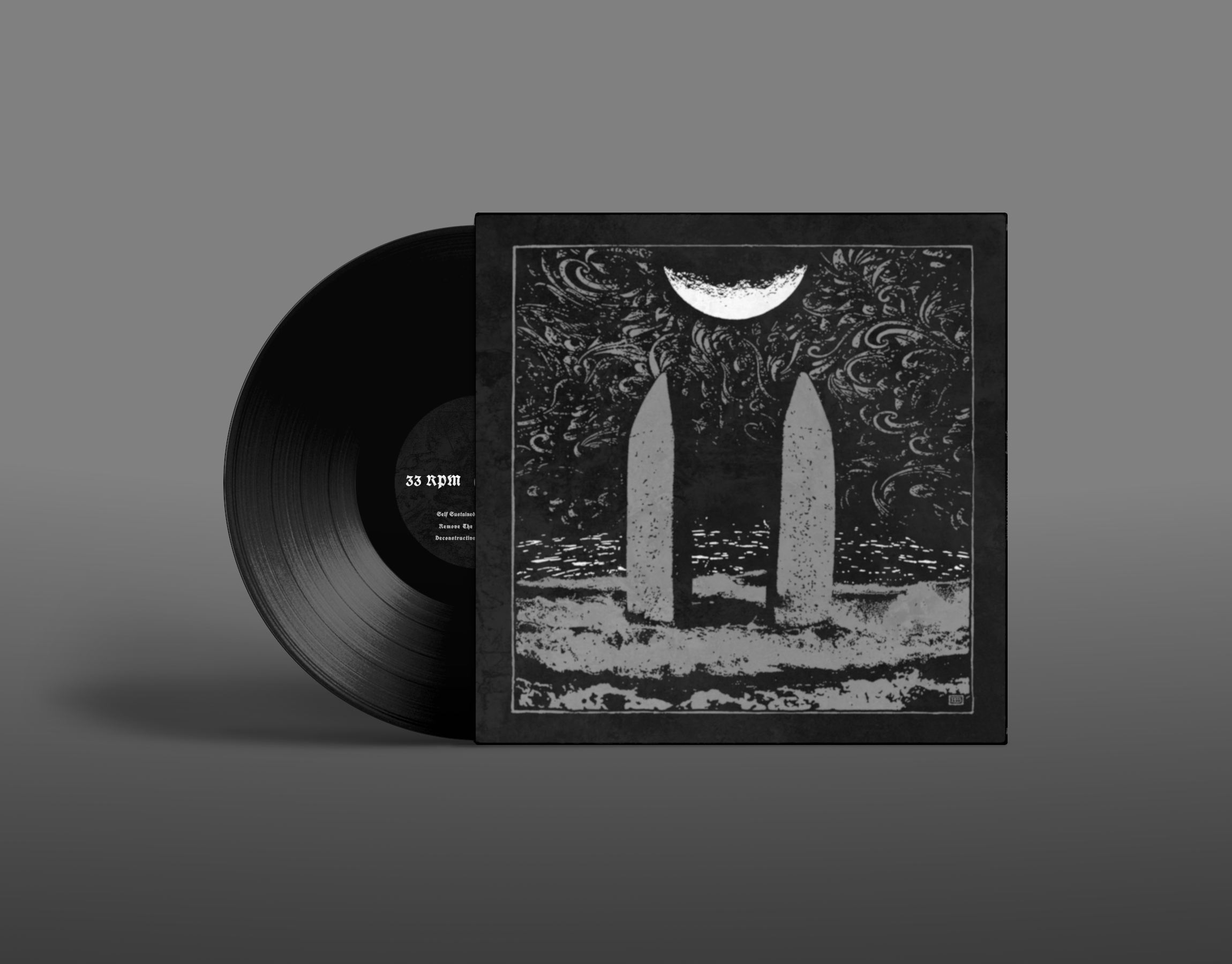 A photo-realistic mockup design comp of a black vinyl record featuring LanzerRath’s Deconstructive Evolution.