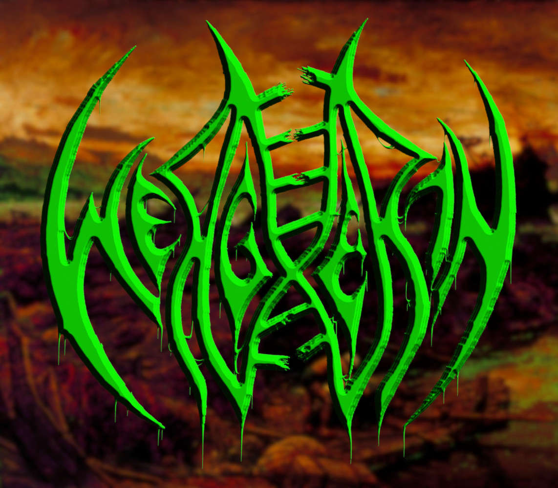 Death metal band Wergherth old logo designed by Korpi. Neon green color with 3D effect on surreal painted background.