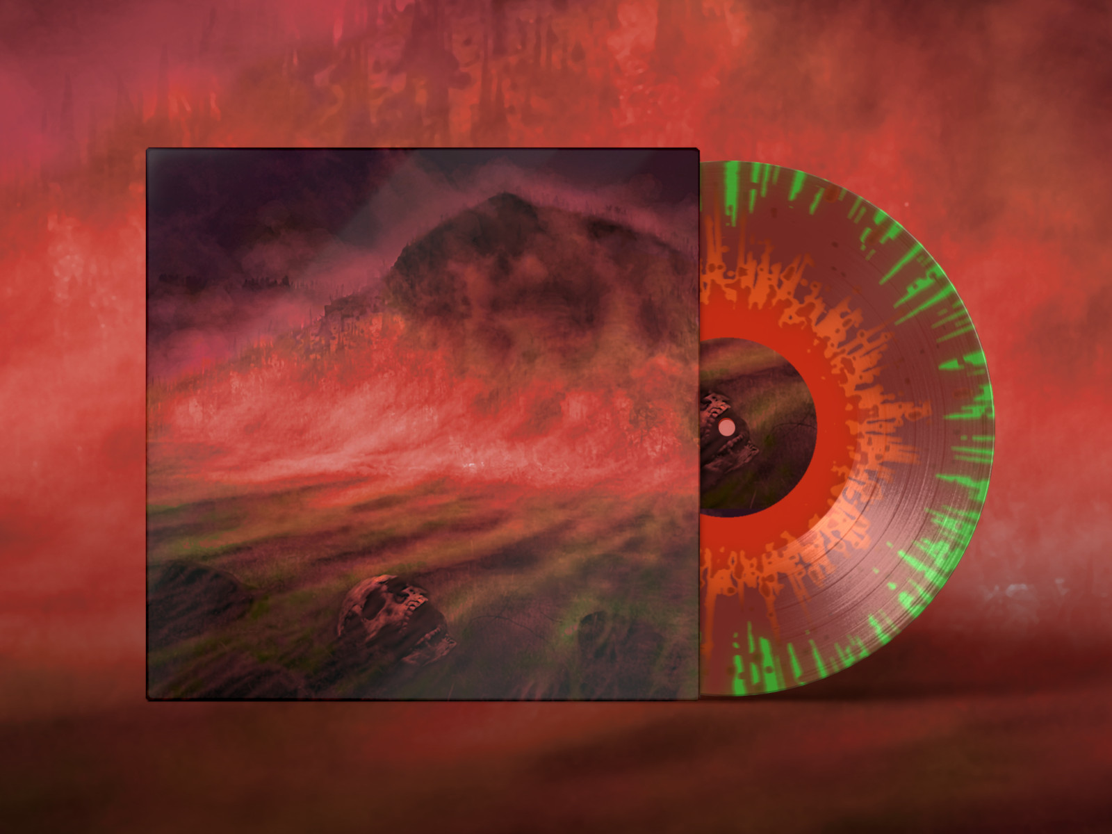 A photo-realistic mockup design comp of a colorful splatter vinyl record featuring artwork by Korpi.
