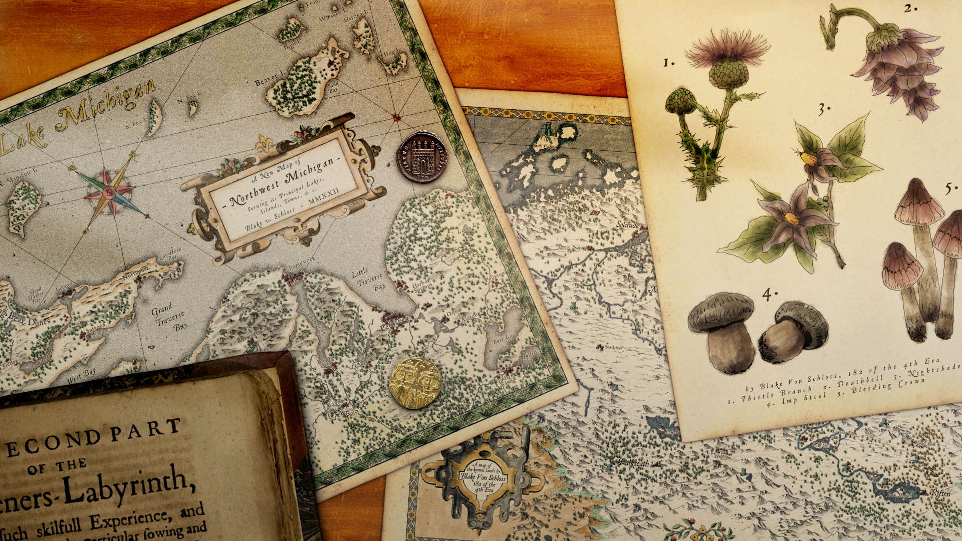 Custom maps and floral art by Blake Von Schloss in a historical 16th century European style.