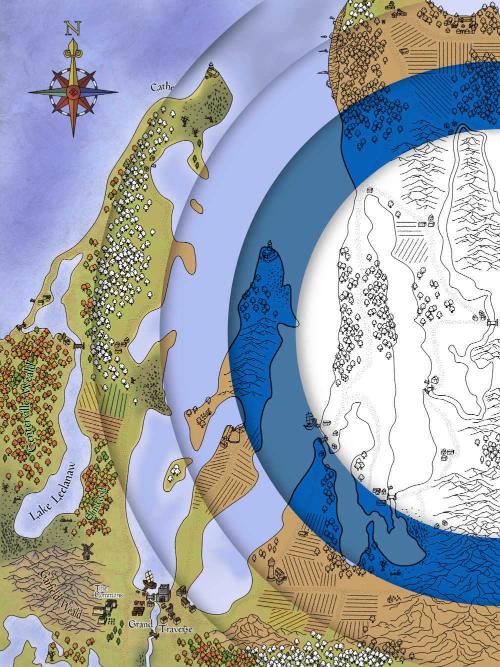 Workflow demonstrating the creation of a fantasy style map of Traverse City Michigan using traditional and digital skills.