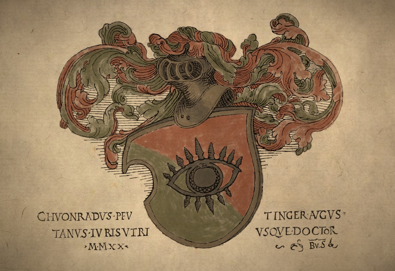 Custom heraldic medieval european coat-of-arms in engraved style.